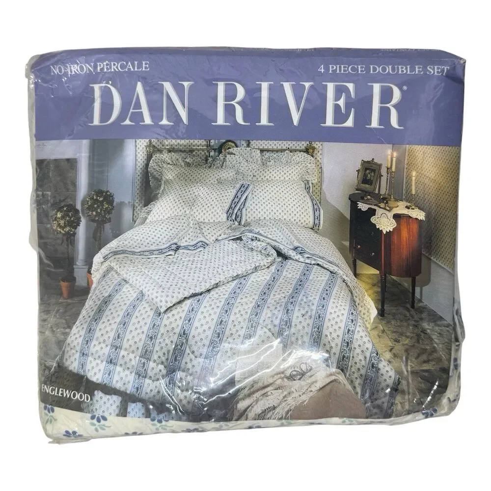 Vtg Dan River Full Double Set Sheets Englewood Blue White